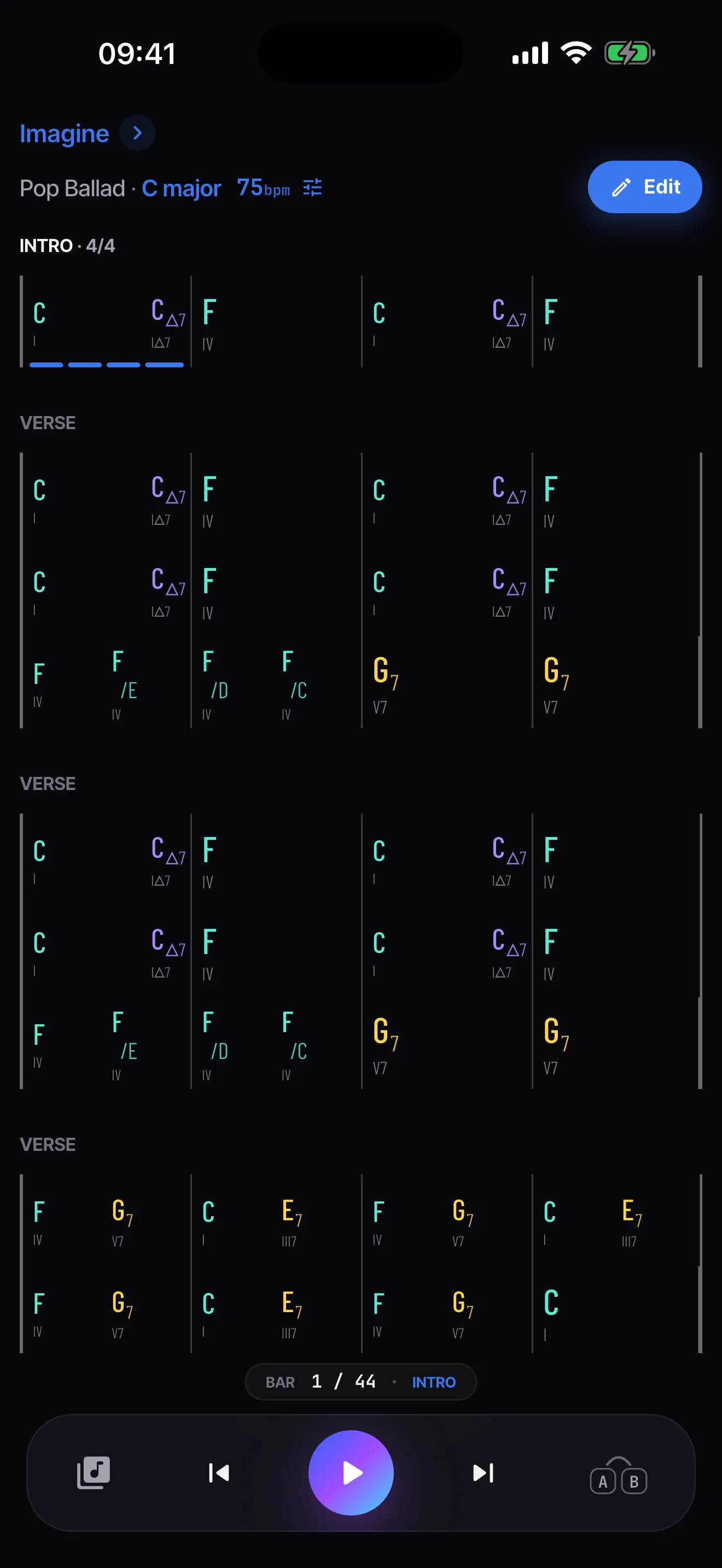 The play screen in the dark theme: a chord chart in colour-coded chord symbols with roman numerals, grouped into Intro and Verse sections, with play, skip and A-B loop controls at the bottom.