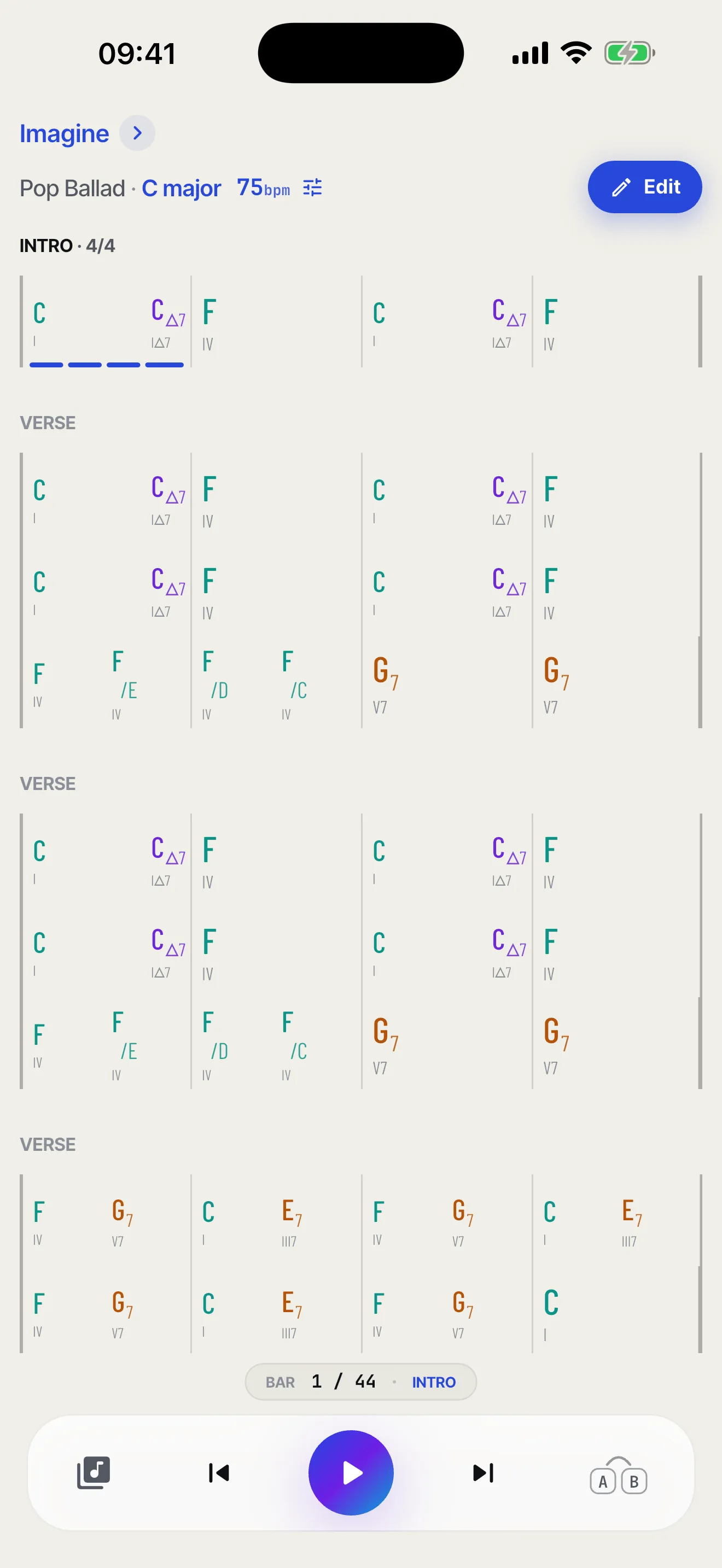 The play screen in the light theme: the same colour-coded chord chart and transport controls on a light background.