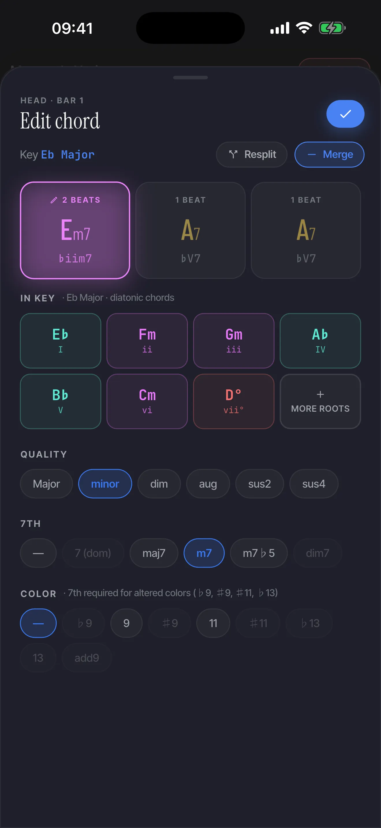 The Edit chord sheet: one bar split into three chords, a grid of in-key chords below, then chips for chord quality, 7th and colour tones.